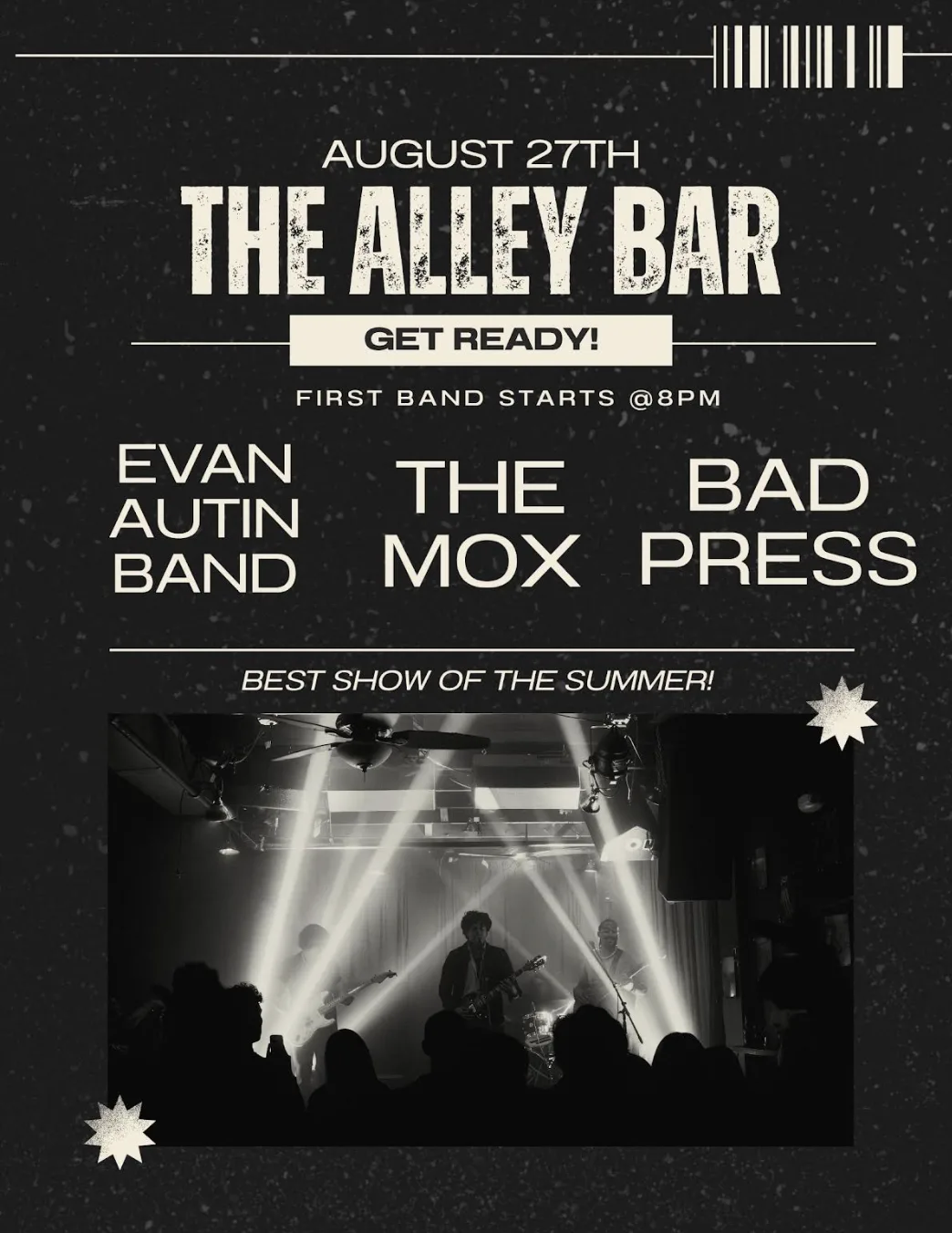 Flyer for Bad Press, The Mox, and The Evan Autin Band at Brushy Street Commons on August 27, 2026