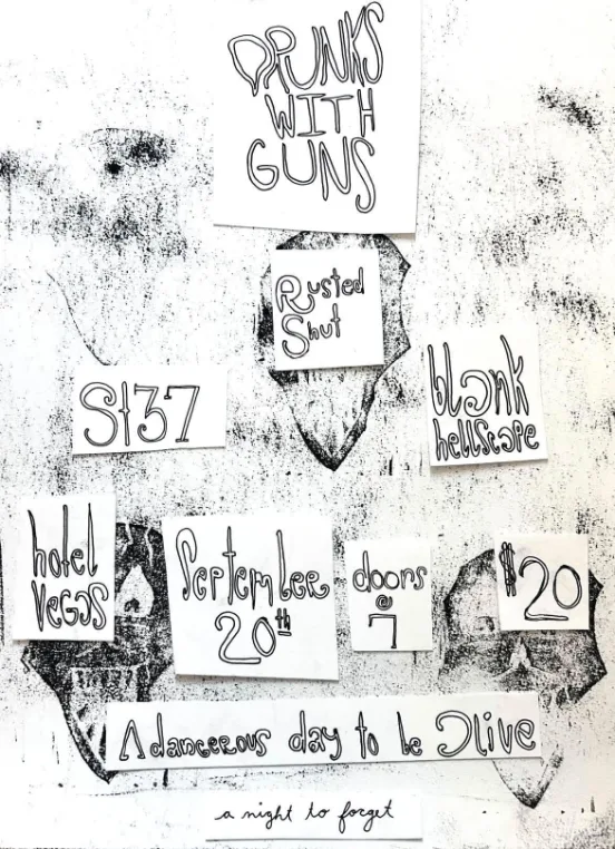 Flyer for Drunks, Guns, Rusted Shut, Blank Hellscape, and ST 37 at Hotel Vegas on September 20, 2026