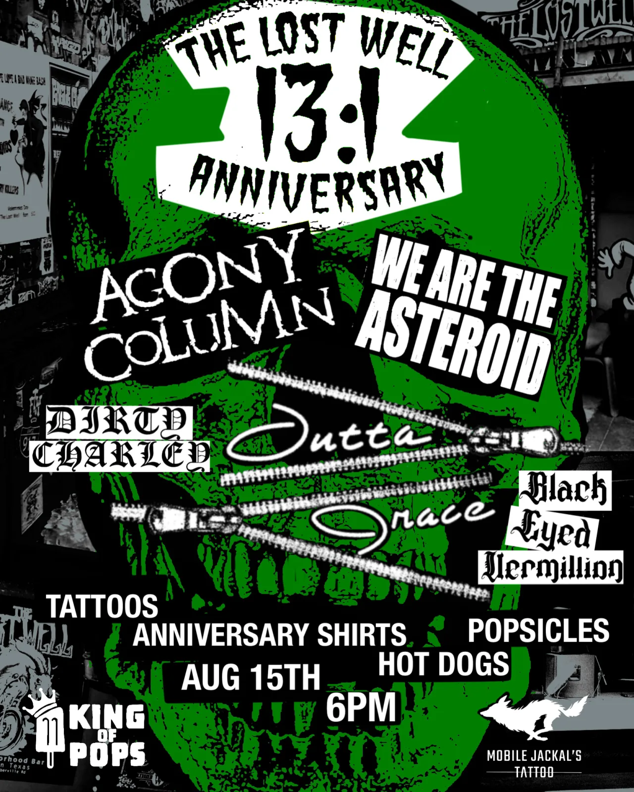 Flyer for 13:1 Anniversary Party!! with Agony Column at The Lost Well on August 15, 2026