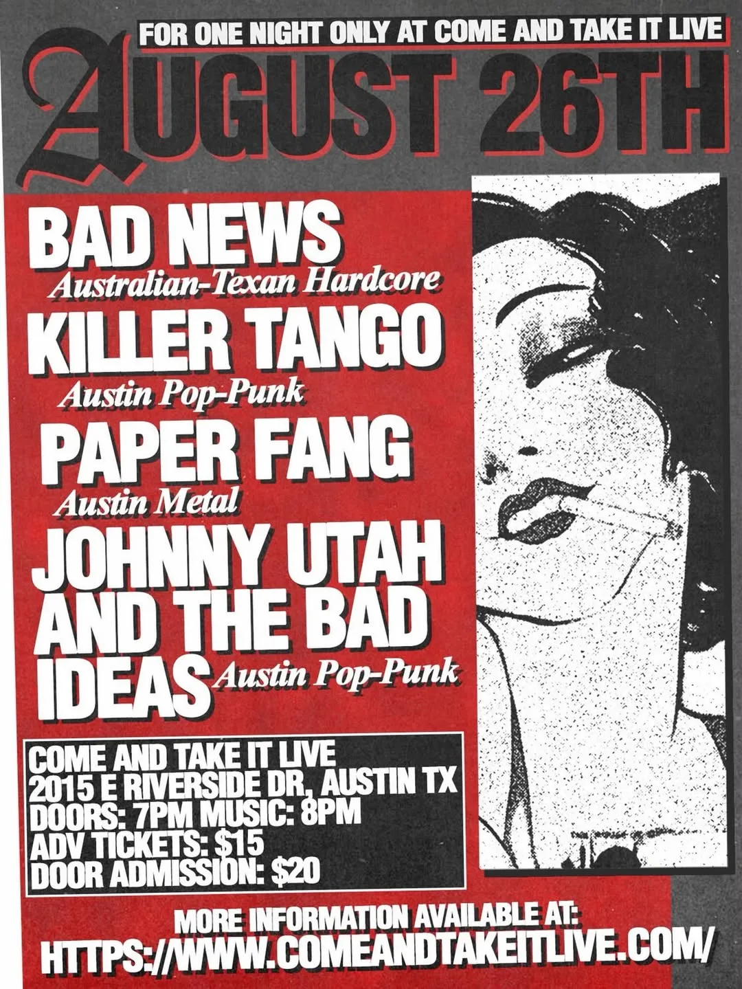 Flyer for Bad News, Killer Tango, paper_fang, and Johnny Utah And The Bad Ideas at Come And Take It Live, Austin, August 26 2026