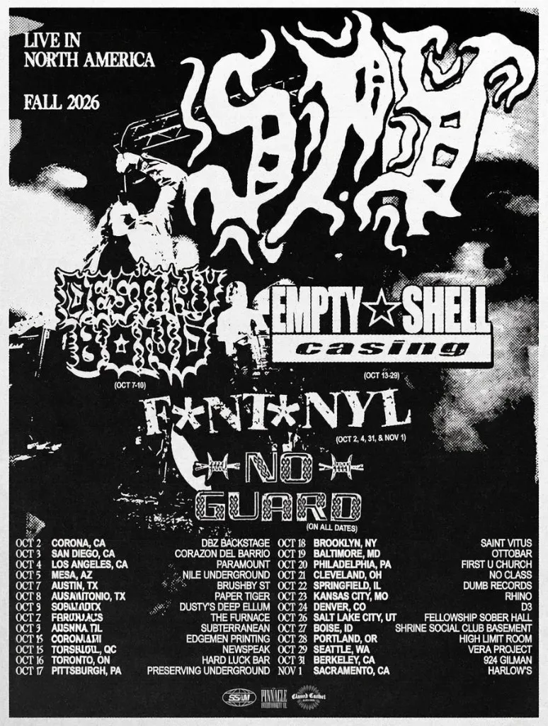 Tour flyer for SPY Live in North America Fall 2026 — Austin Oct 7 at Brushy St with Destiny Bond and No Guard