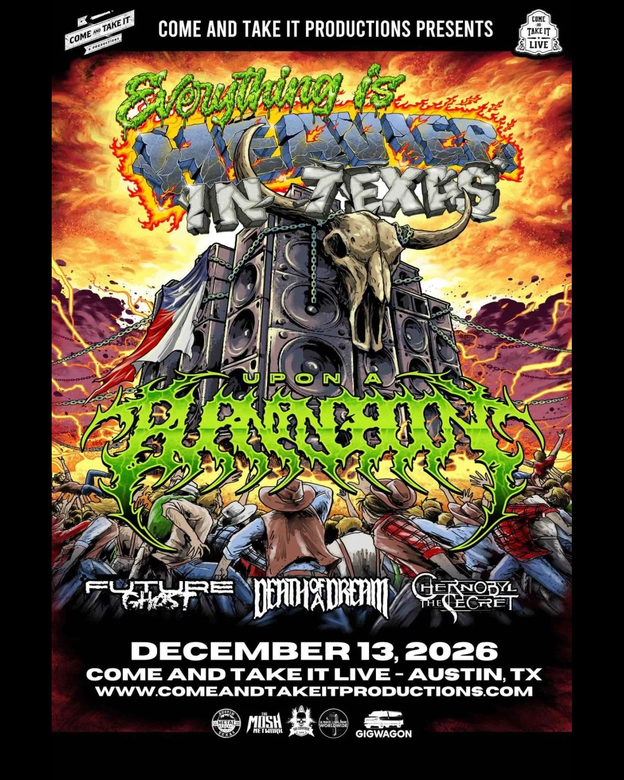 Flyer for UPON A BURNING BODY – Austin at Come And Take It Live on December 13, 2026