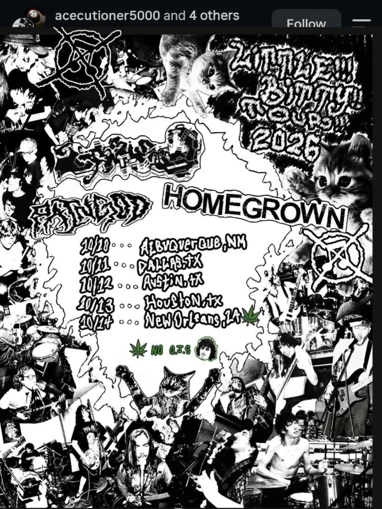 Flyer for Little Bitty Tour 2026 with Ratgod and Homegrown, Austin date October 12