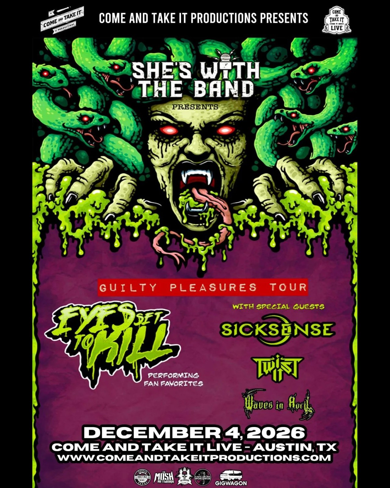 Flyer for EYES SET TO KILL: Guilty Pleasures Tour at Come And Take It Live on December 4, 2026