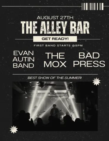 Flyer for Bad Press, The Mox, and The Evan Autin Band at Brushy Street Commons on August 27, 2026