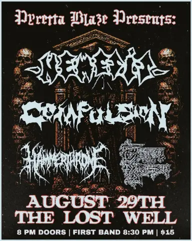 Flyer for Nemesis, Compulsion, Hammerthrone, and Thru the Ashes at The Lost Well on August 29, 2026