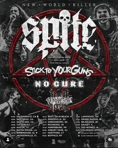 Flyer for Spite New World Killer US Tour Fall 2026 with Stick To Your Guns, No Cure, and Vomit Forth — Austin October 8, 2026, venue TBA