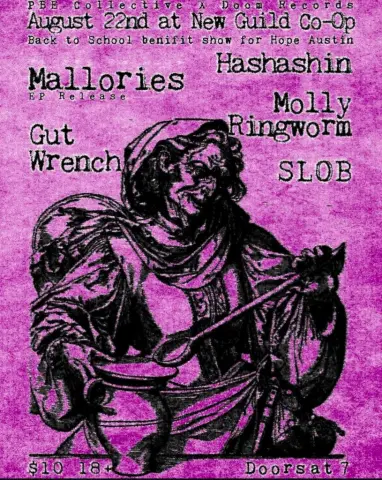 Flyer for Mallories EP release benefit for Hope Austin at New Guild Co-Op on August 22, 2026, with Gut Wrench, Hashashin, Molly Ringworm, and SLOB