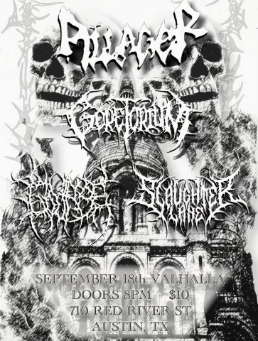 Flyer for Goretorium, Gourge, Pillager, Slaughter Lane at Valhalla on September 18, 2026