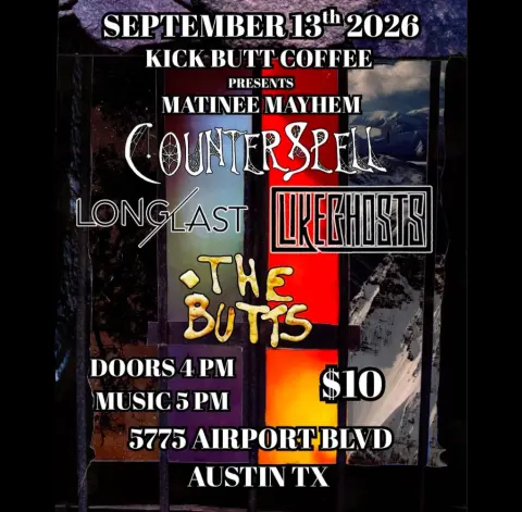 Flyer for Matinee Mayhem at Kick Butt Coffee on September 13, 2026, with Counterspell, LONG/LAST, Like Ghosts, and The Butts