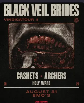Black Veil Brides with Caskets, Archers, and Holy Wars at Emo's — August 31, 2026 flyer