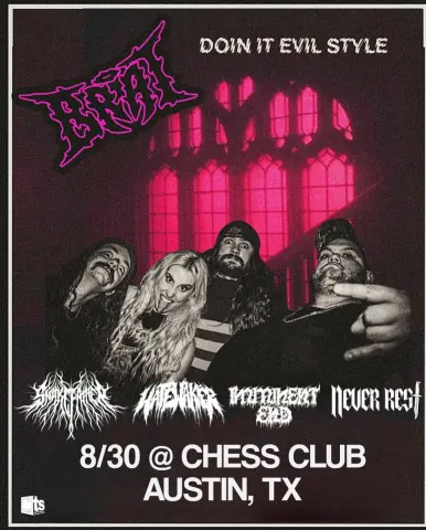 Flyer for BRAT Doin It Evil Style at Chess Club in Austin on August 30, 2026