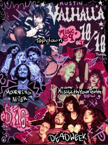 Flyer for Mourning After, Dead Week, Topdown, and Kiss with your Teeth at Valhalla on October 10, 2026