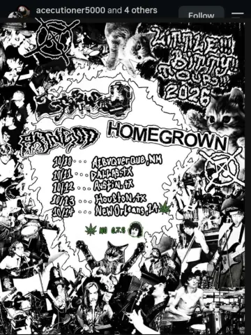 Flyer for Little Bitty Tour 2026 with Ratgod and Homegrown, Austin date October 12
